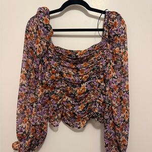 ASTR the label Floral Ruched Long-Sleeve Square Neck Top - Purple & Orange